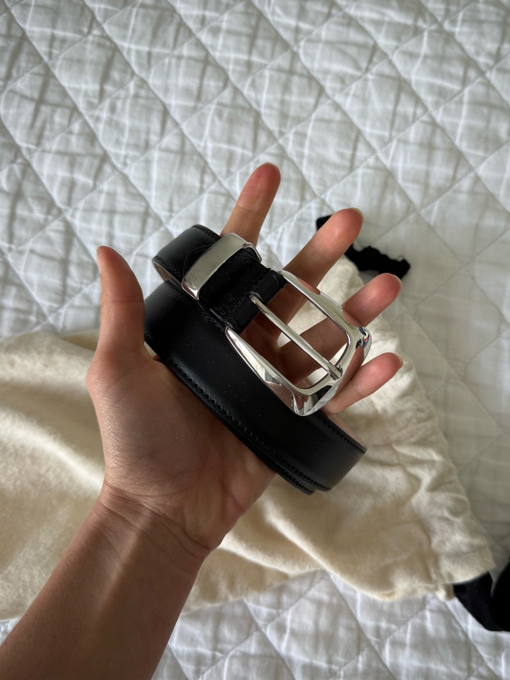 KHAITE Black Leather Belt with Silver Buckle